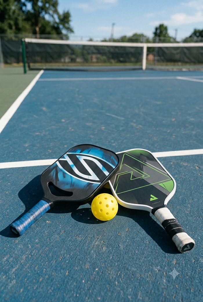 2 pickleball rackets on laid down on a court with a pickleball in the middle